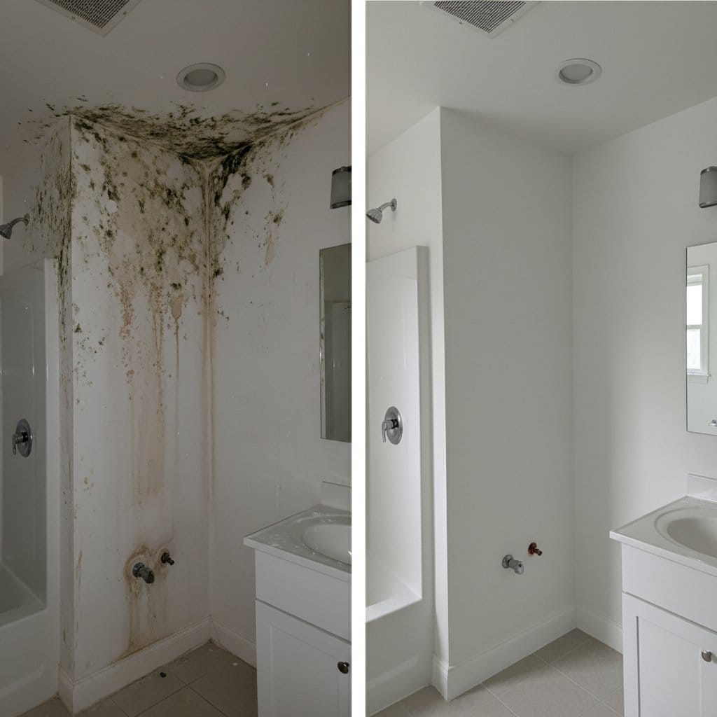 Before and after mold inspection & moisture assessment in Teaneck split-level home bathroom