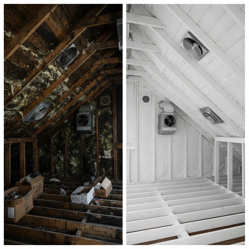 Before and after mold removal & remediation in Teaneck commercial property attic space