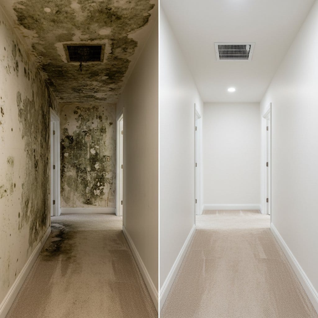 Black Mold Removal before and after in hallway, Teaneck NJ