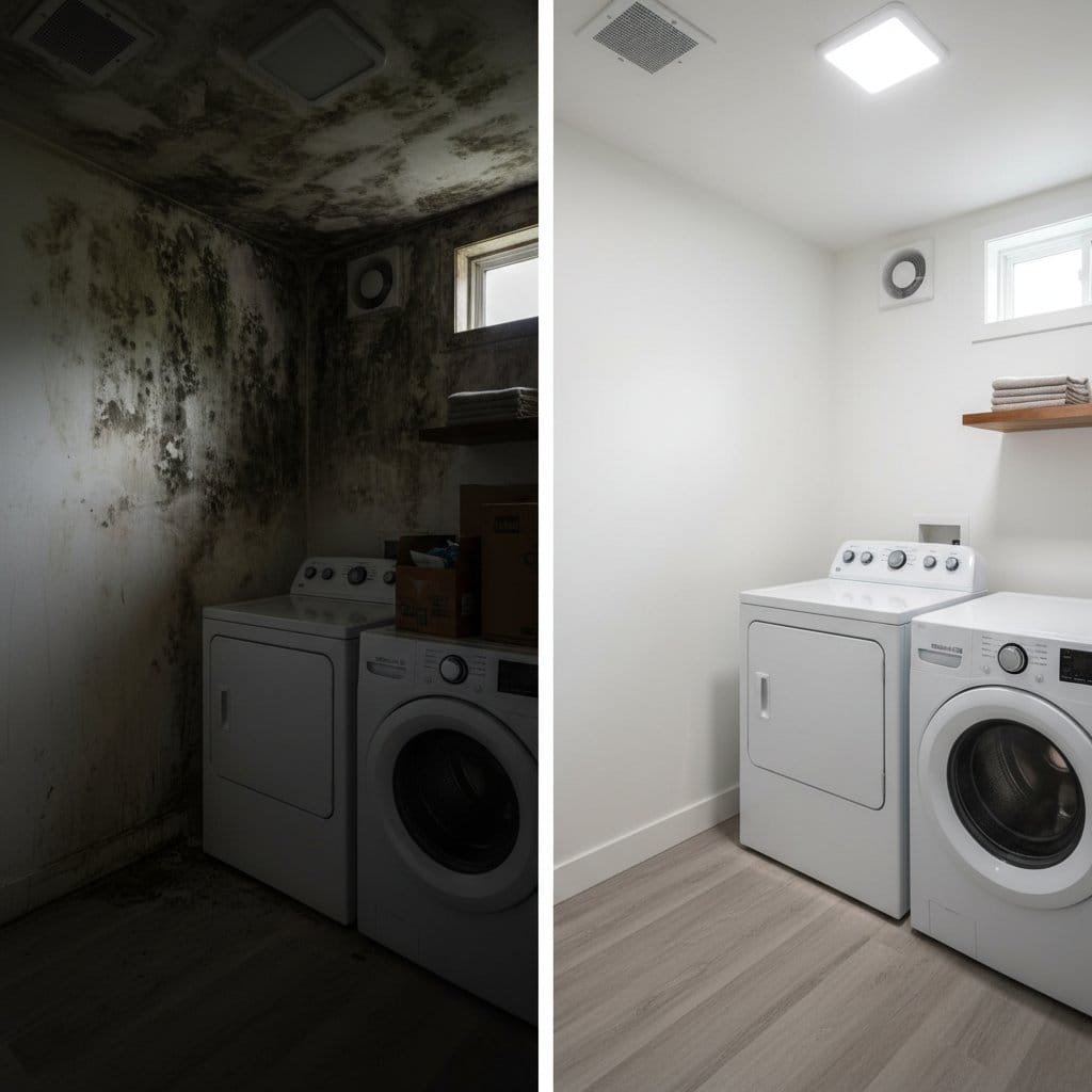 Black Mold Removal restoration β laundry room of contemporary home in Teaneck, NJ