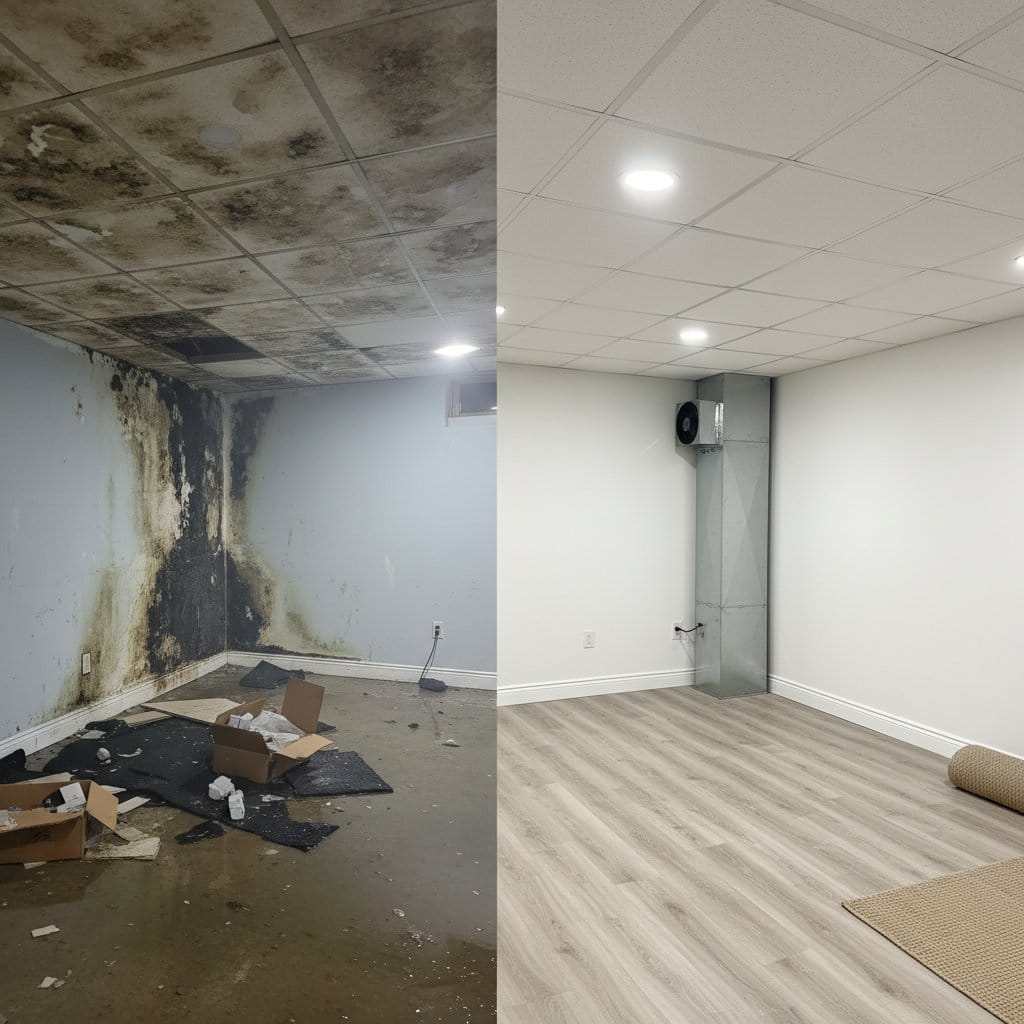 Attic & Crawl Space Mold Removal before and after in finished basement, Teaneck NJ