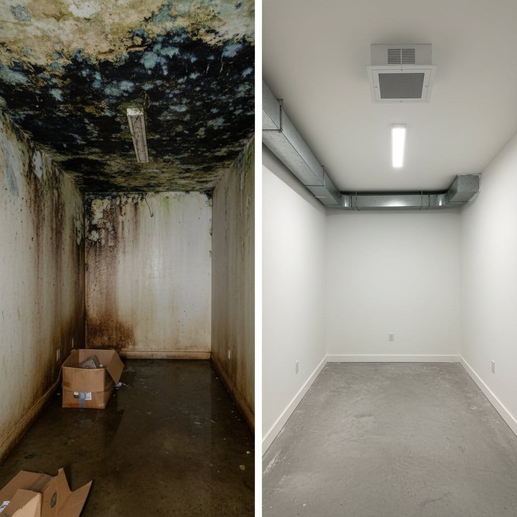 Attic & Crawl Space Mold Removal restoration — utility room of split-level home in Teaneck, NJ