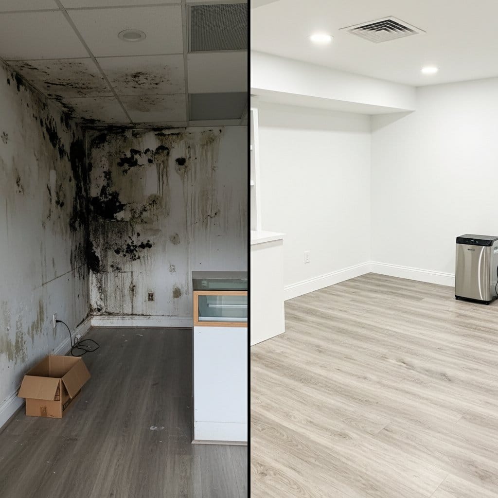 Before and after attic & crawl space mold removal in Teaneck Cape Cod house storefront interior