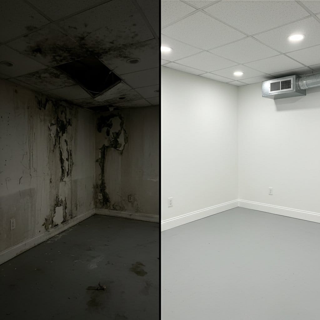 Basement & Foundation Mold Removal before and after in residential basement, Teaneck NJ