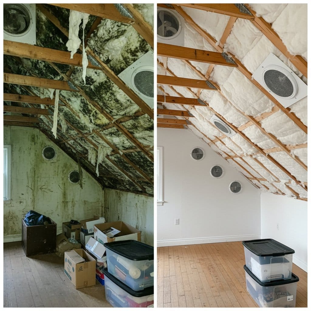 Before and after post-remediation cleaning & clearance in Teaneck single-family home attic space