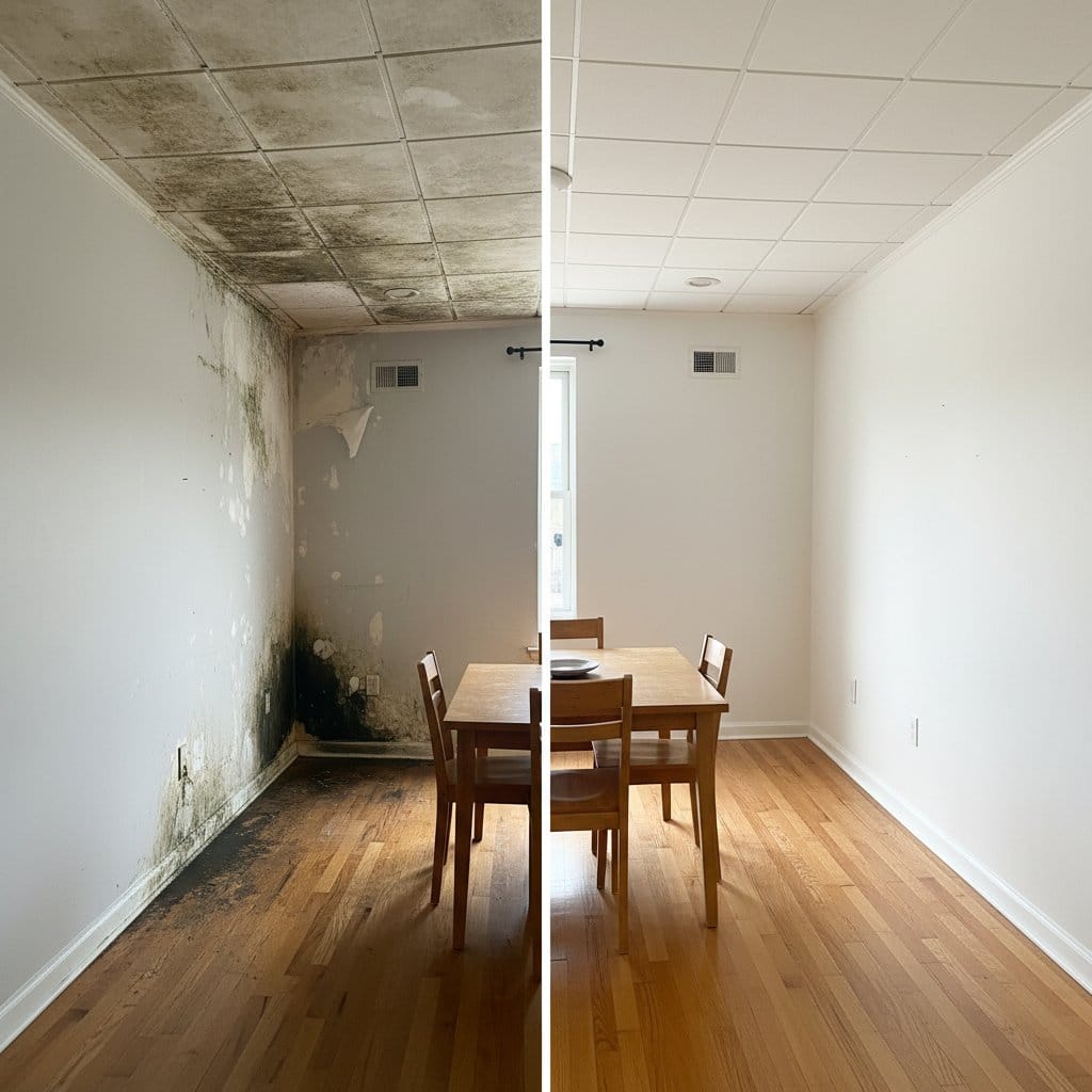 Before and after odor removal & disinfection in Teaneck ranch-style home dining room