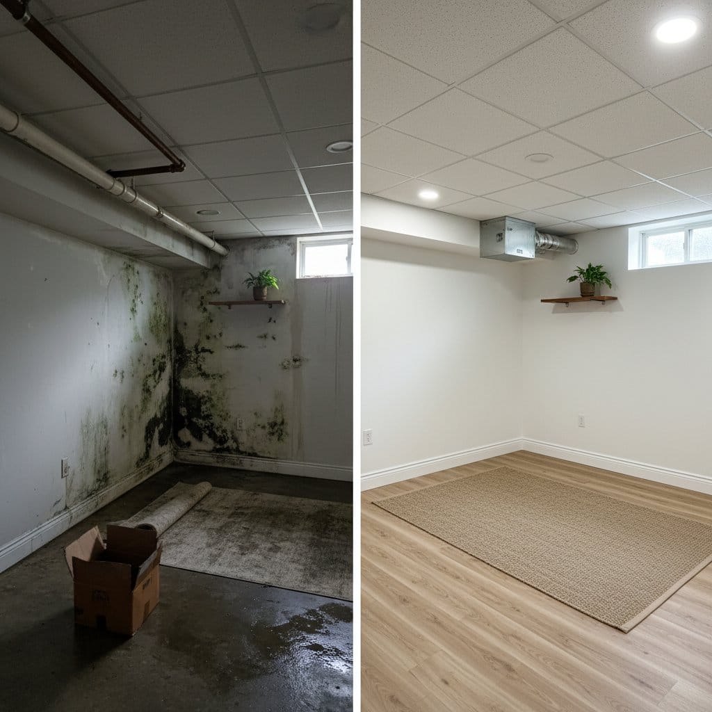 Humidity & Moisture Control Solution before and after in finished basement, Teaneck NJ