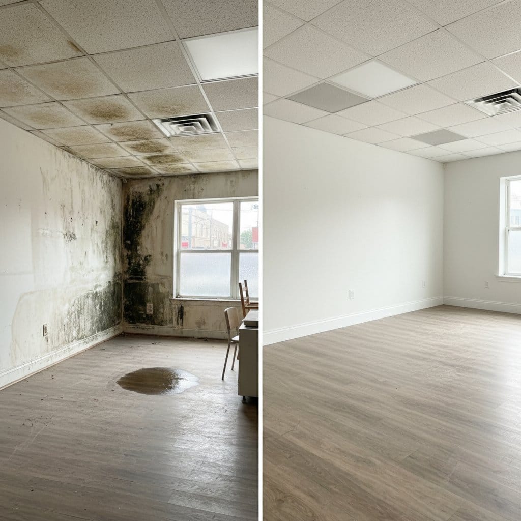 Before and after humidity & moisture control solution in Teaneck townhouse storefront interior