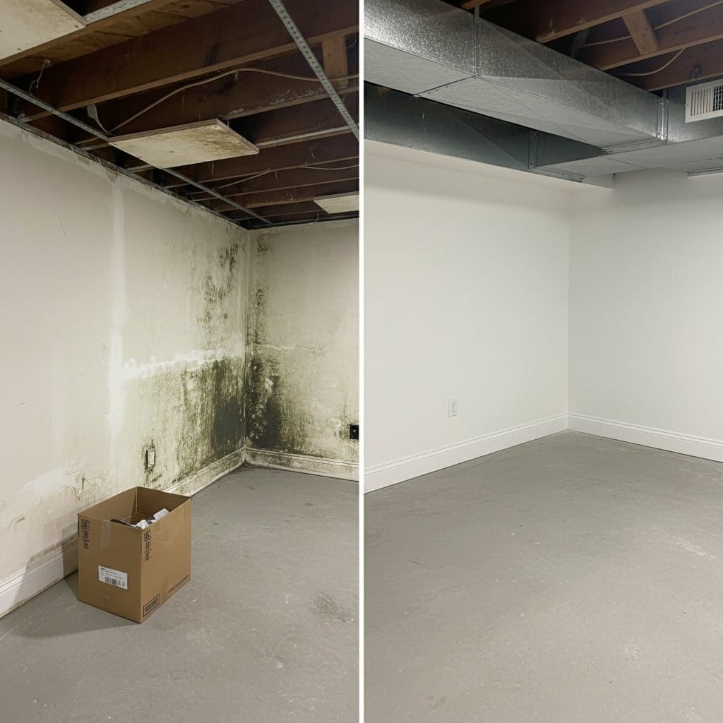 Teaneck Mold Removal residential basement restoration before and after in Teaneck