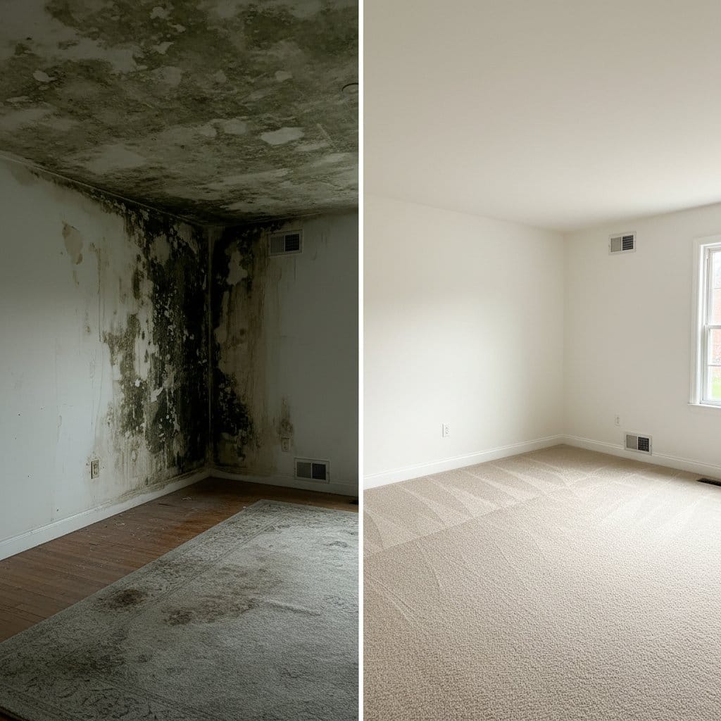 Teaneck Mold Removal living room restoration before and after in Teaneck