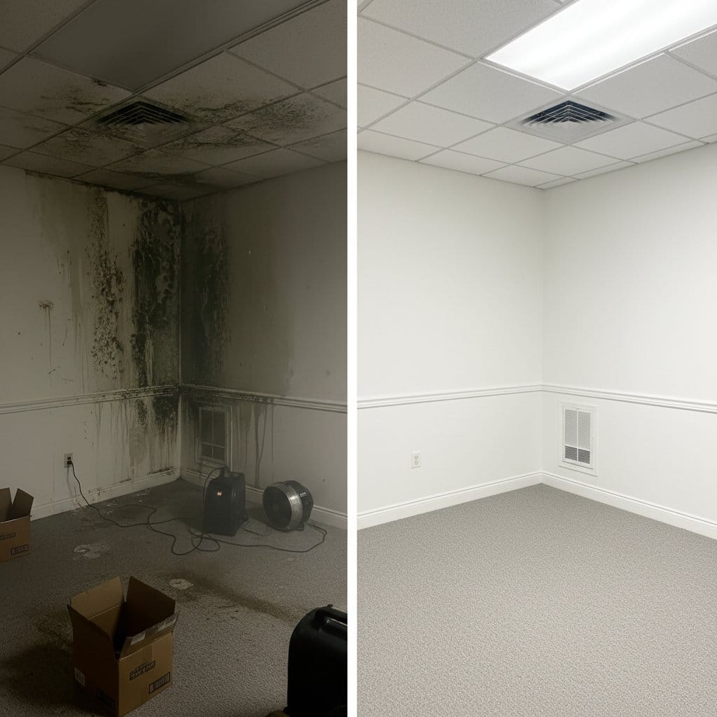 Teaneck Mold Removal commercial office space restoration before and after in Teaneck